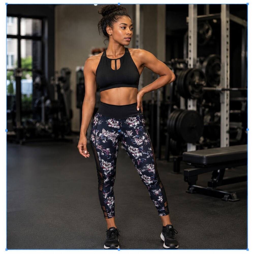 Ideology Floral Mesh Panel Leggings Womens Large Black Yoga Activewear